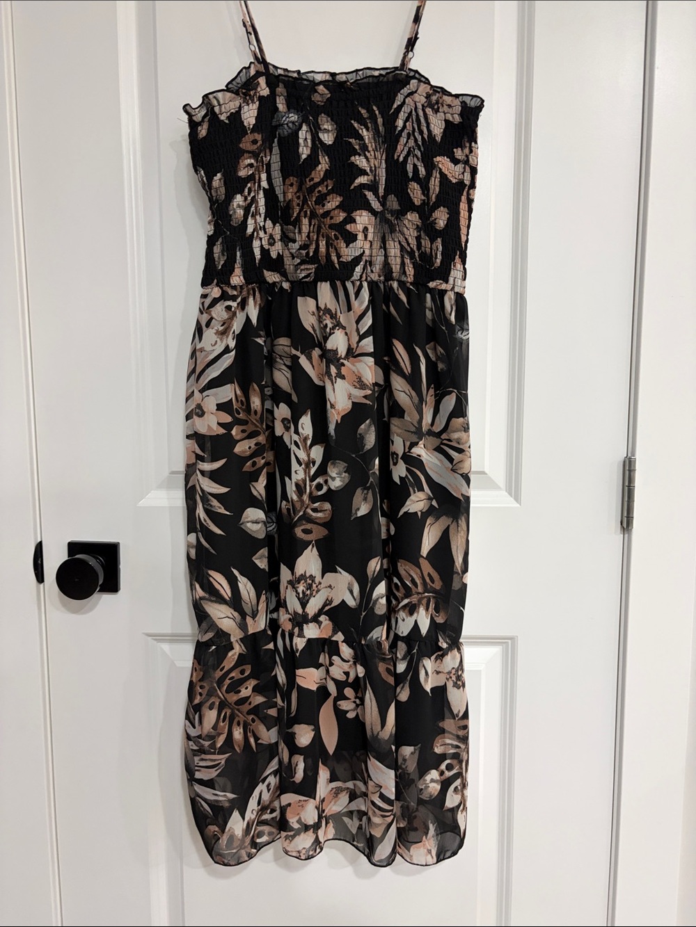 Smocked Black Midi Dress with Beige Floral Print